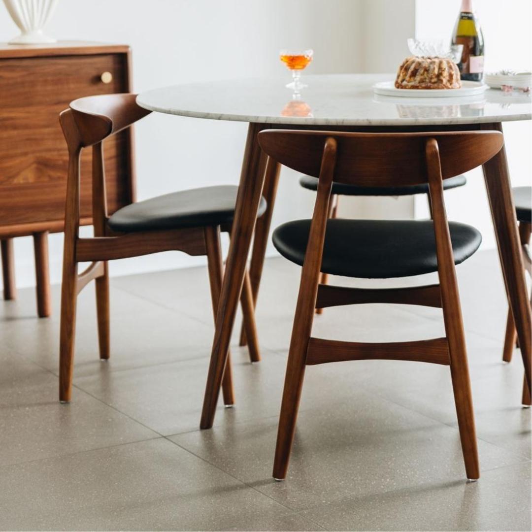 Radius Marble Round Dining Table Walnut Leg 120cm + 4 Kaiwaka Dining Chairs Set image 0
